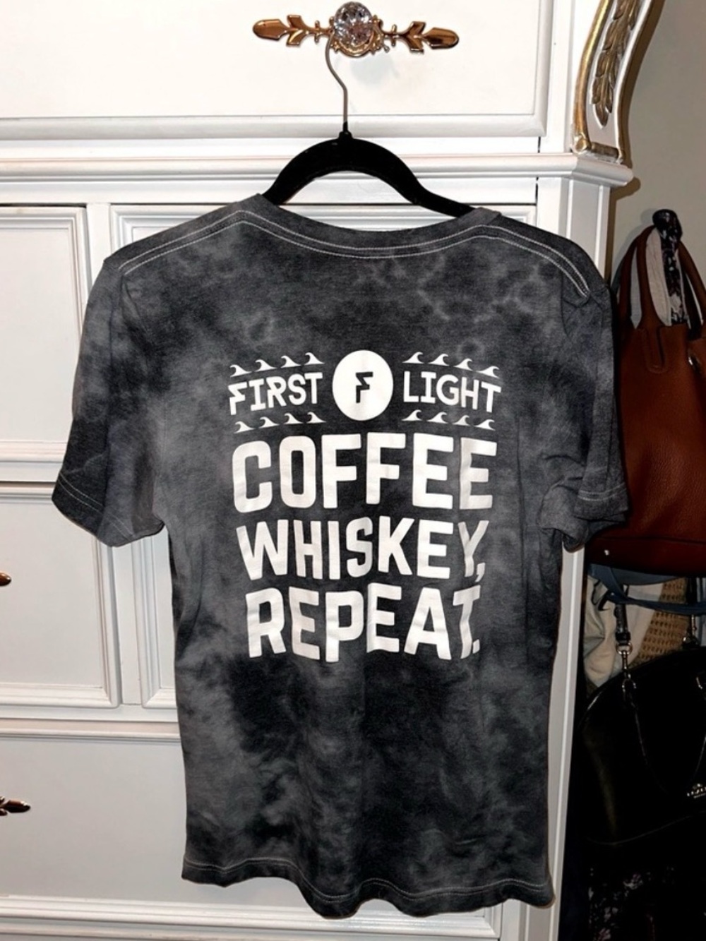 Black & Grey Tie Dye “Coffee, Whiskey, Repeat” T-shirt, Size Small